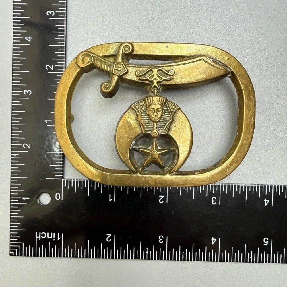 Vintage 1980 Solid Brass Shriners Belt Buckle Scimitar Crescent Sphinx Star